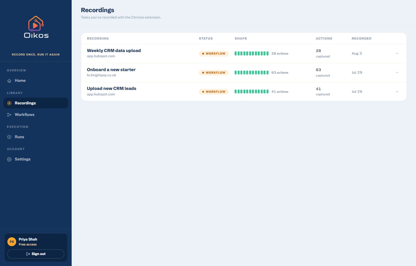 The Oikos recordings list, showing three recorded tasks